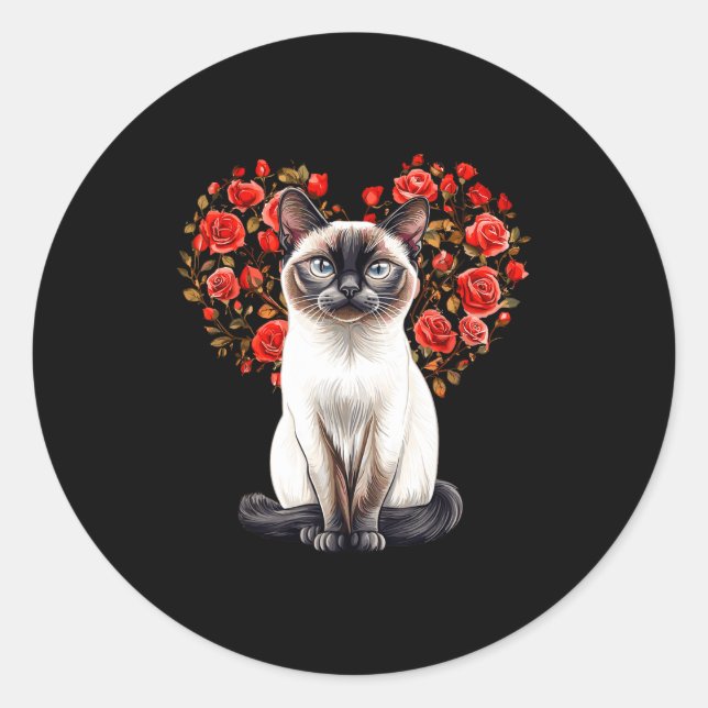 Sticker Rond Siamese Cat Lover Floral Heart Valentines Day  (Devant)