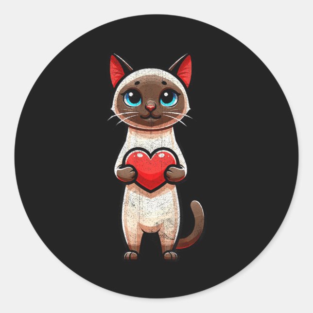 Sticker Rond Siamese Cat Valentines Heart Lover Funny Boys Girl (Devant)
