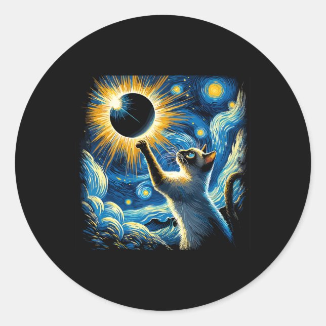 Sticker Rond Siamese Chat 2024 Van Gogh Starry Nuit Siamese Cha (Devant)