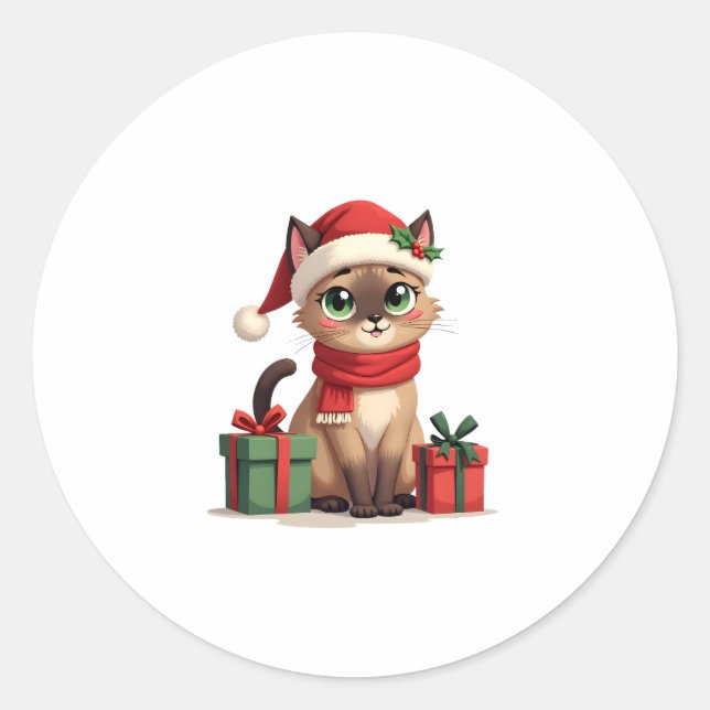Sticker Rond Siamese Chat Noël Noël Père Noël Chat Siamese (Devant)