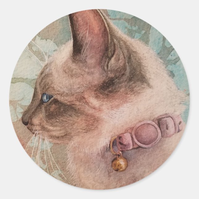 Sticker Rond Siamese Kitten Pink Coller Aquarelle Art (Devant)