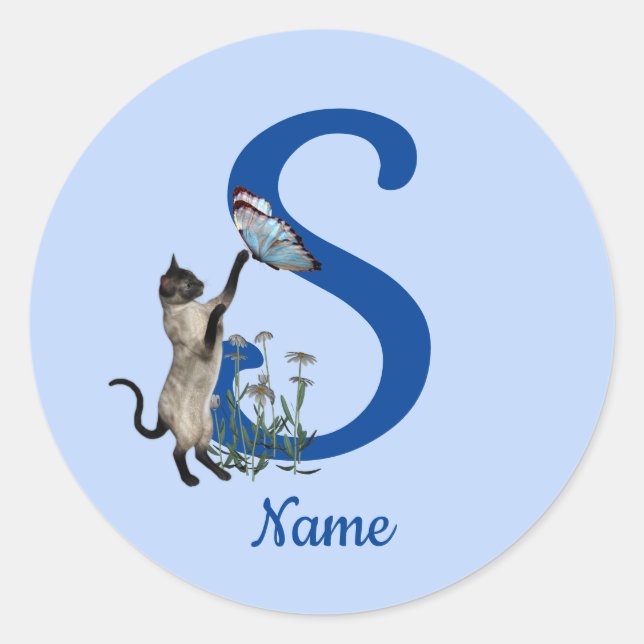 Sticker Rond Siamese Papillon de chat Monogramme initial S Votr (Devant)