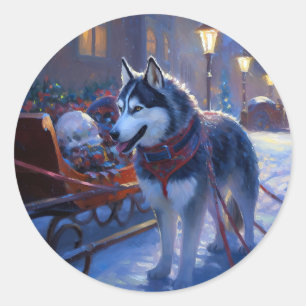 Sticker Rond Siberian Husky Saison de Fêtes de Noël
