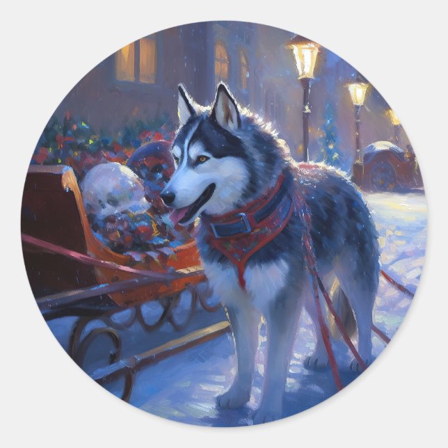 Sticker Rond Siberian Husky Saison de Fêtes de Noël (Devant)