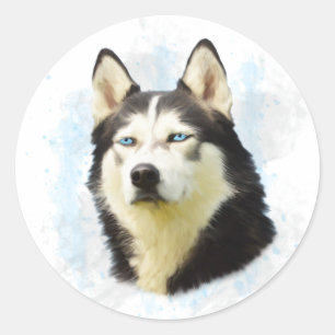 Sticker Rond Sibérie Husky Dog Eau Couleur Art Peinture