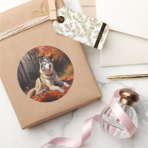 Sticker Rond Sibérie Husky en automne Feuilles automne Inspire