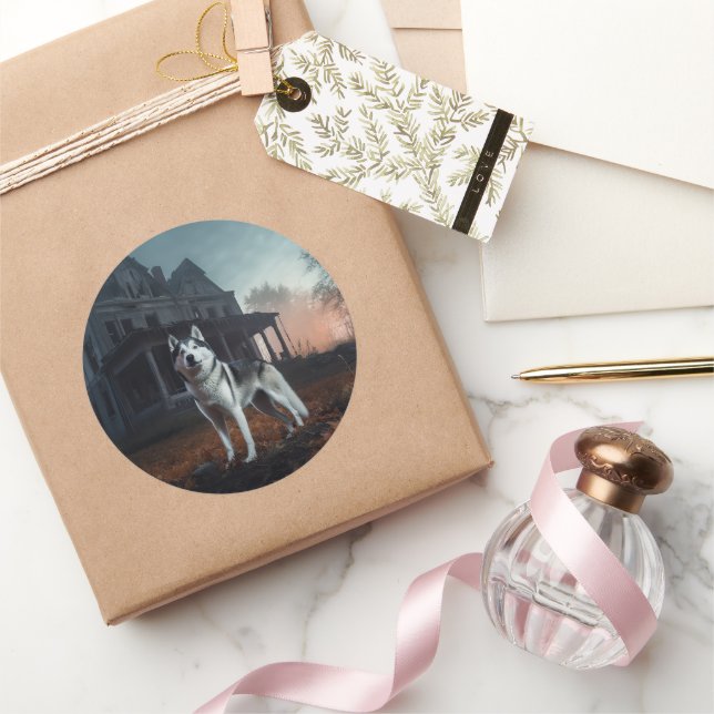 Sticker Rond Sibérie Husky Halloween effraie (Cadeaux)