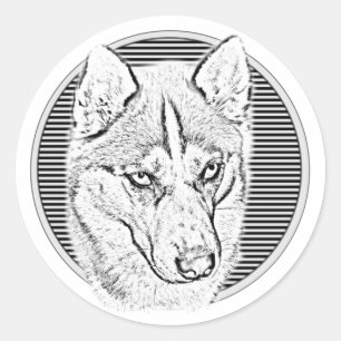 Sticker Rond Sibérie Husky Hund schwarz/weiß Kreis Streifen
