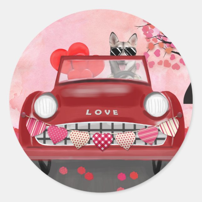 Sticker Rond Sibérie Husky voiture avec les coeurs Valentine's (Devant)