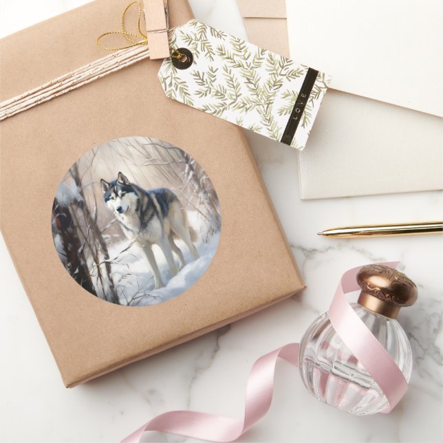 Sticker Rond Sibérien Husky Laisser Neige Noël (Cadeaux)