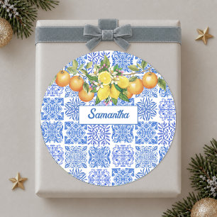 Sticker Rond Sicilien bleu jaune citrus Méditerranée azulejo