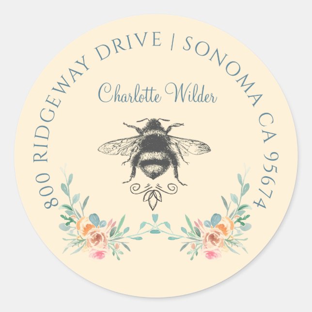 Sticker Rond Signature de script Personnalisé Bee Floral (Devant)