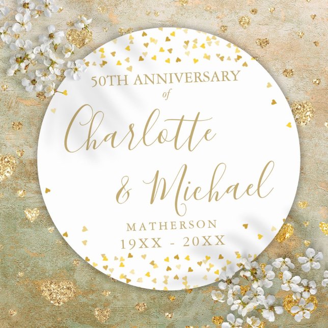 Sticker Rond Signature des 50 ans cœurs d'amour dorés (50th Anniversary Signature Golden Love Hearts Classic Round Sticker)