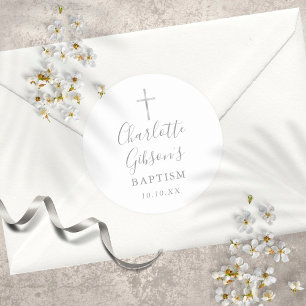 Sticker Rond Signature élégante Croix d'argent Baptême Christen