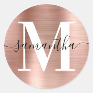 Sticker Rond Signature moderne Monogramme Rose Gold Foil