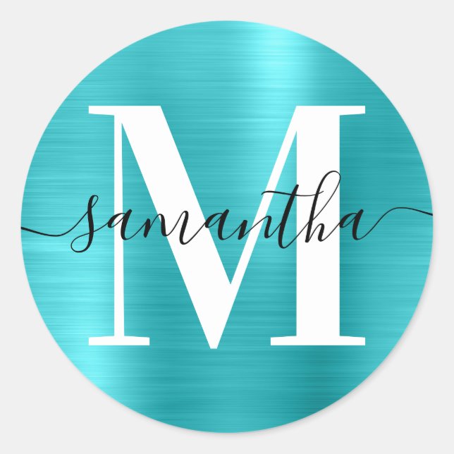 Sticker Rond Signature Monogramme Turquoise Blue Shimmer (Devant)
