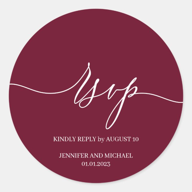 Sticker Rond Signature Script Élégant Mariage RSVP bordeaux (Devant)