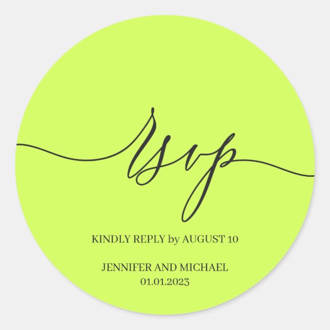 Sticker Rond Signature Script Élégant Mariage RSVP Cyber Lime (Devant)