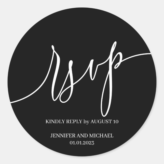 Sticker Rond Signature Script Élégant RSVP Noir (Devant)