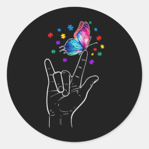 Sticker Rond Signe de la main Je t'aime Papillon Autisme Awa