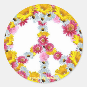 Sticker Rond Signe de paix avec des fleurs