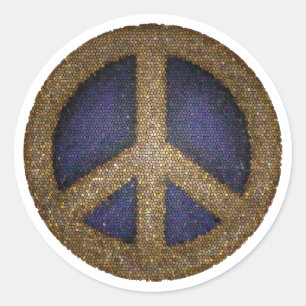 Sticker Rond Signe de paix en mosaïque dans Golds et Blues