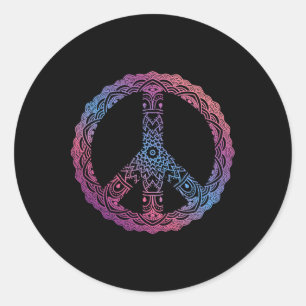 Sticker Rond Signe de Paix Mandala Orné Yoga Boho Violet Rétro