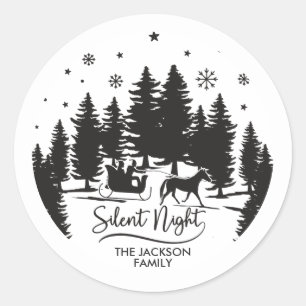 Sticker Rond Silence nuit neige flocons pins silhouettes