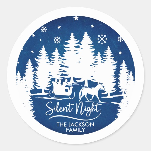 Sticker Rond Silence nuit neige flocons pins silhouettes (Devant)