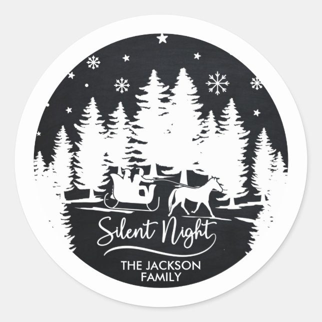 Sticker Rond Silence nuit neige flocons pins silhouettes (Devant)