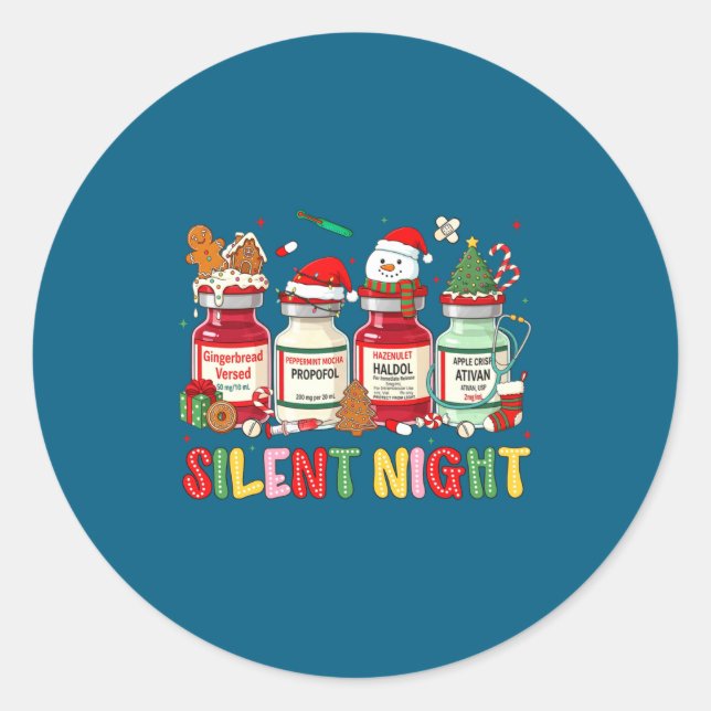 Sticker Rond Silent Night Funny Nurse Christmas Design Long Sle (Devant)