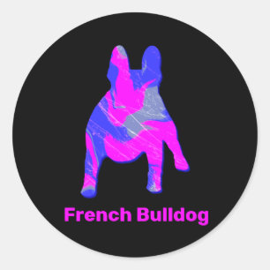 Sticker Rond Silhouette de Bulldog Français rose et bleu