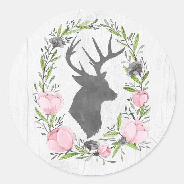 Sticker Rond Silhouette de cerf rustique Cameo de fleurs sur bo (Devant)