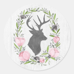 Sticker Rond Silhouette de cerf rustique Couronne florale Camée