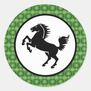 Sticker Rond Silhouette de Cheval Noir sur Motif Vert