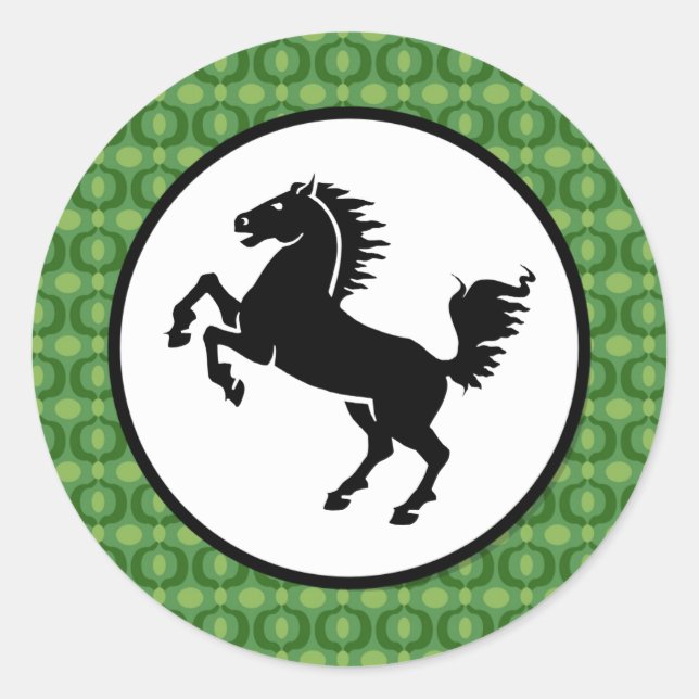 Sticker Rond Silhouette de Cheval Noir sur Motif Vert (Devant)