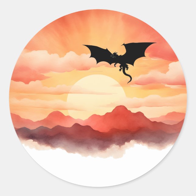 Sticker Rond Silhouette de dragon contre un coucher de soleil (Devant)