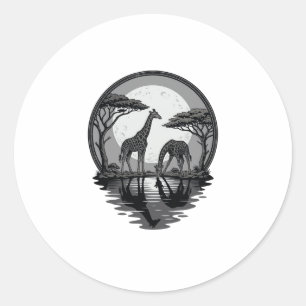 Sticker Rond Silhouette de girafe vintage safari vecteur lune