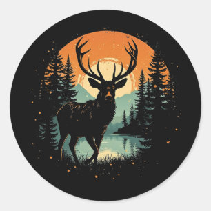 Sticker Rond Silhouette de la forêt Vintage couché de soleil ré