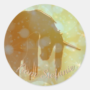 Sticker Rond Silhouette de licorne mystique (étoiles jaunes bru