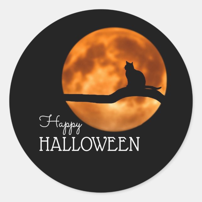 Sticker Rond Silhouette de lune de sang et de chatte, Happy Hal (Devant)