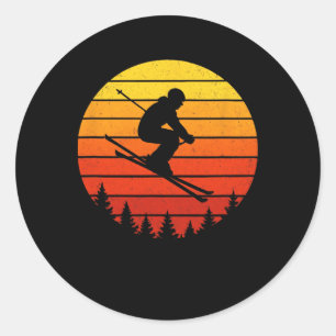 Sticker Rond Silhouette de ski - Skieurs au coucher du soleil R