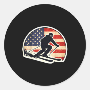 Sticker Rond Silhouette de skieur drapeau américain vintage rét