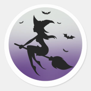 Sticker Rond Silhouette de sorcière en lune violette