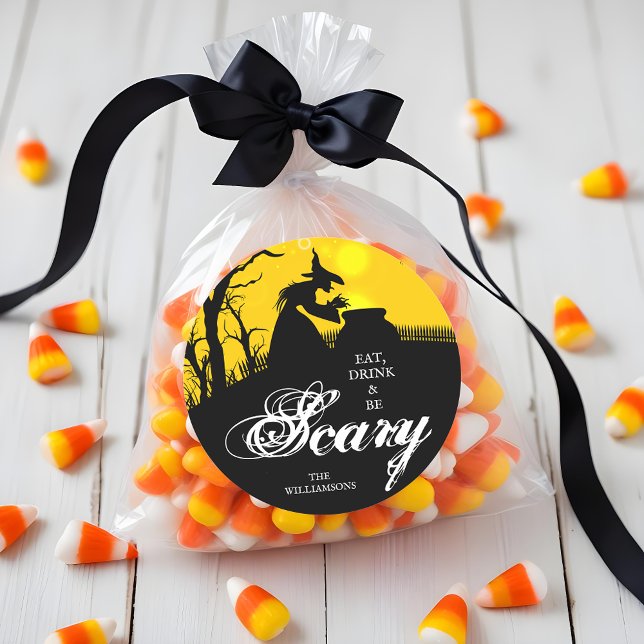 Sticker Rond Silhouette de sorcière pieuse Halloween (Wicked witch silhouette Halloween theme round stickers, 3" or 1-1/2" sizes available)