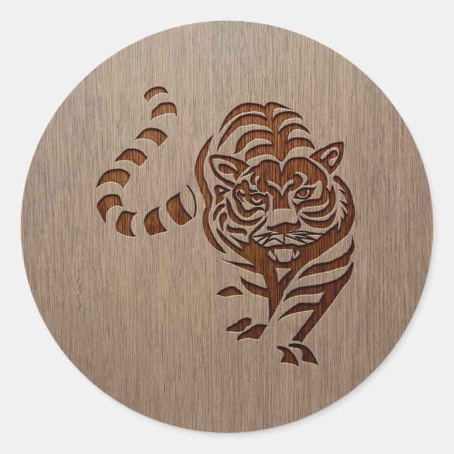 Sticker Rond Silhouette de tigre gravée sur bois (Devant)