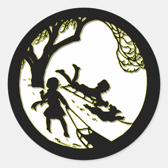 Sticker Rond Silhouette d'enfants traînant avec leur chien (Devant)