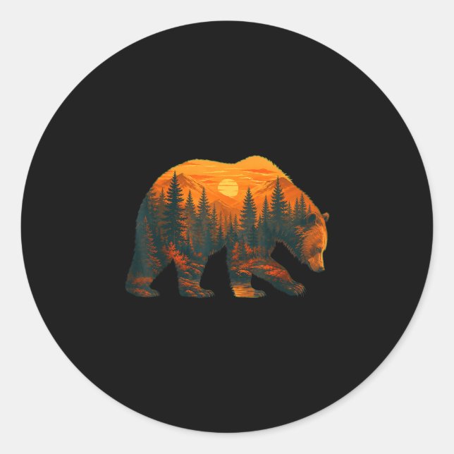 Sticker Rond Silhouette d'ours avec paysage forestier et couche (Devant)
