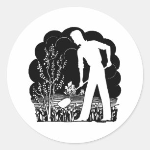 Sticker Rond Silhouette du jardiner rétro