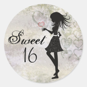 Sticker Rond Silhouette Girl and Hearts Sweet 16 Anniversaire